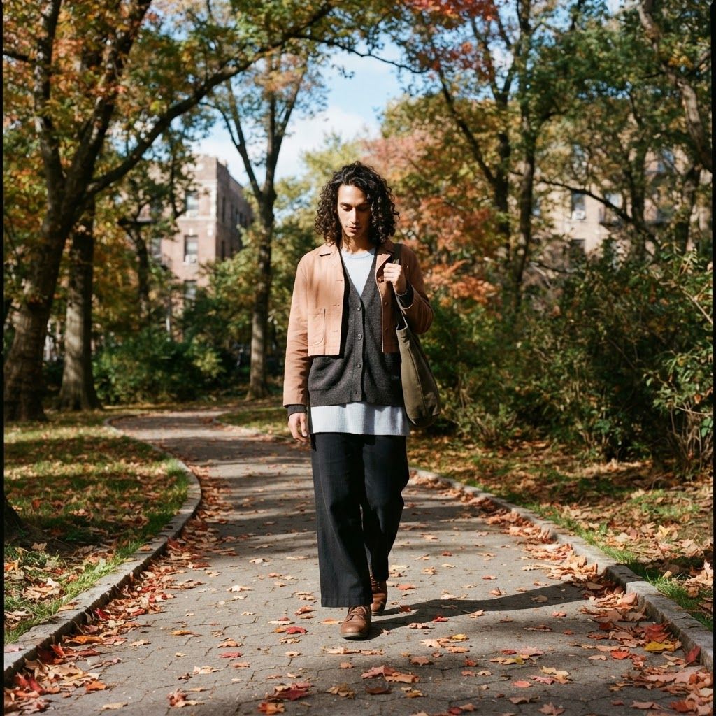 Soft Layers on a Leaf-Strewn Walk: Full-length view from farther down a gently curving park walkway, with red leaves scattered across the path and apartment buildings glimpsed…