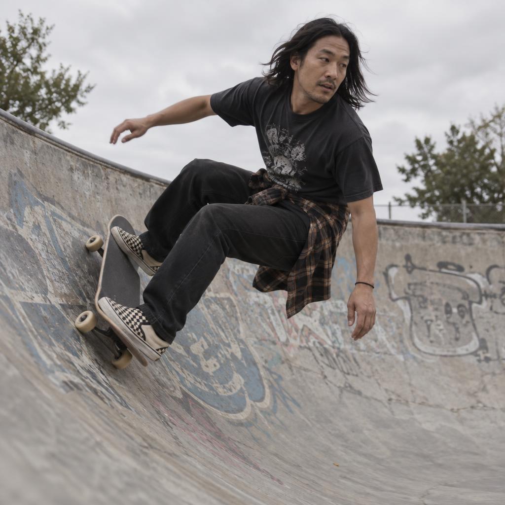 Skate-Park Wide-Angle: Shoot from low on the transition as one skater makes a sharp kickturn just below the lip of an empty concrete bowl, fully visible against a…