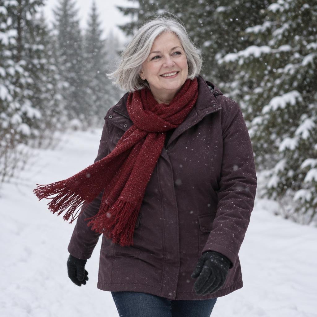 Snowy Evergreen Walk: A lively, windswept photo on a pine-lined snowy trail.