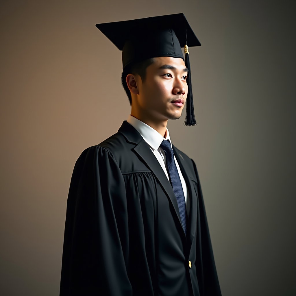 AI-generated photo: Professional portrait photography, a poised graduate in full side profile wearing formal graduation ...