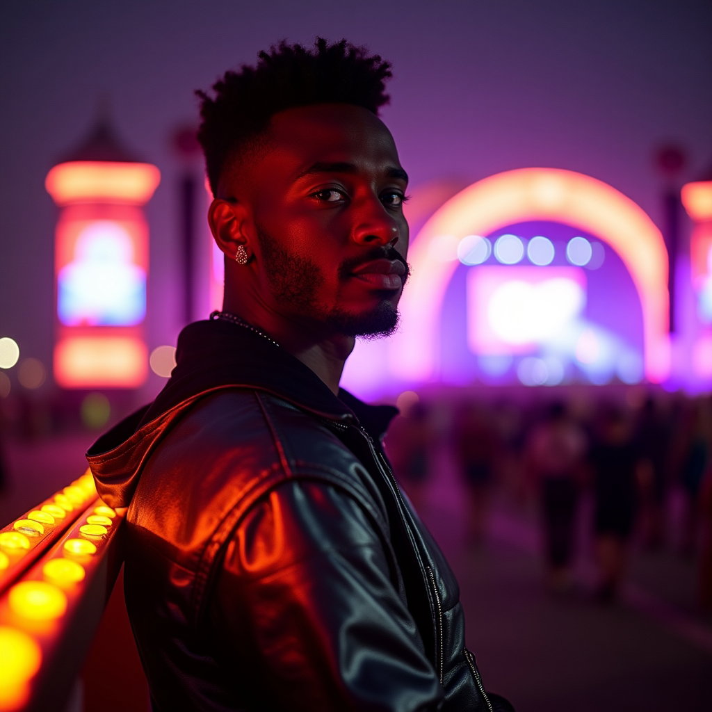 After-Dark Flash Portrait With Afterglow Energy example: Photorealistic after-dark flash portrait photography. Half-body portrait of the subject leaning against a glowing festiv