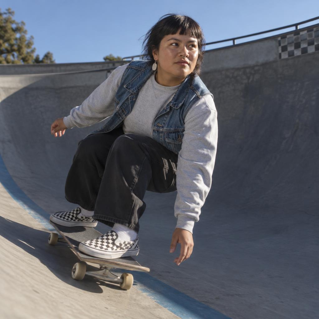 Skate-Park Wide-Angle: Place the viewer near the bottom of an empty concrete bowl as one skater crouches into a fast turn along a painted stripe, full body in…