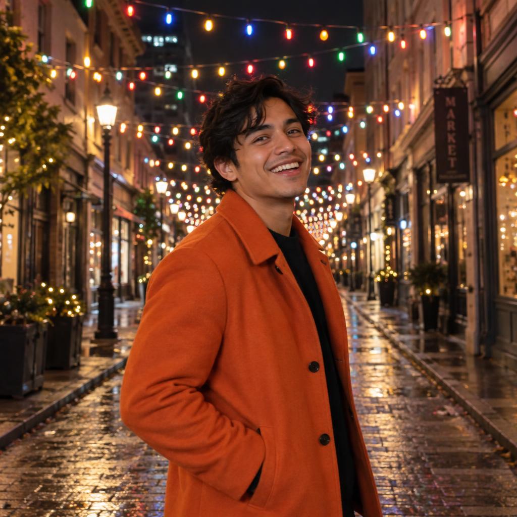 Holiday Lights in the City: A cheerful waist-up portrait beneath a canopy of multicolored holiday bulbs spanning a narrow downtown street.