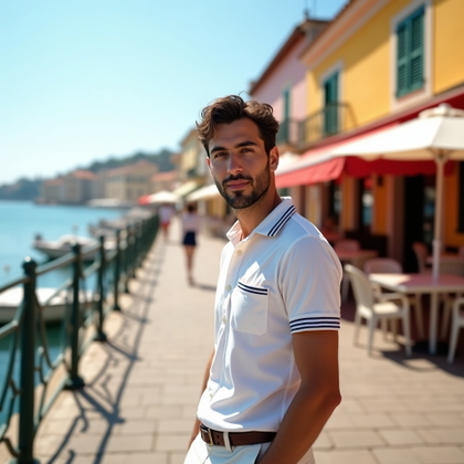 Sunlit Seaside Promenade Portraits example: Photorealistic vacation portrait. Environmental portrait on a wide Riviera promenade with the subject standing near vint