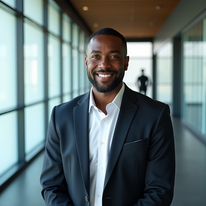 AI-generated photo: Professional headshot photo in a contemporary corporate lobby with frosted glass partitions and a so...