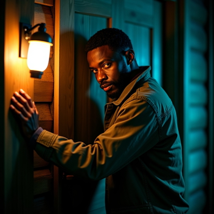 Flashlight-in-the-Dark Cabin Survivor example: Cinematic horror portrait photo. A half-body portrait of the subject bracing against a cabin door, one hand holding a fl