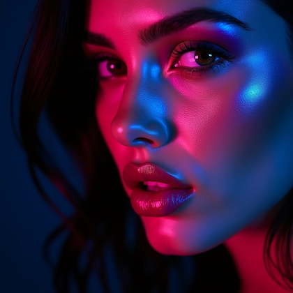 AI-generated photo: Photorealistic studio beauty portrait. Ultra-tight face-only composition with the face slightly turn...