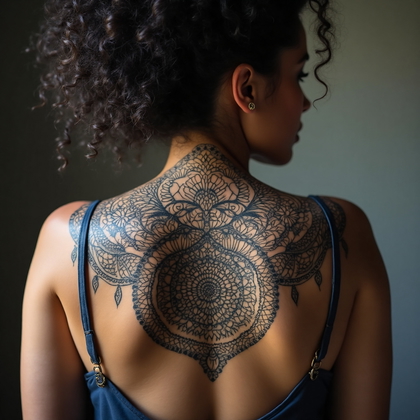 AI-generated photo: Photorealistic photography capturing a woman showcasing an intricate mandala back tattoo. The tattoo...