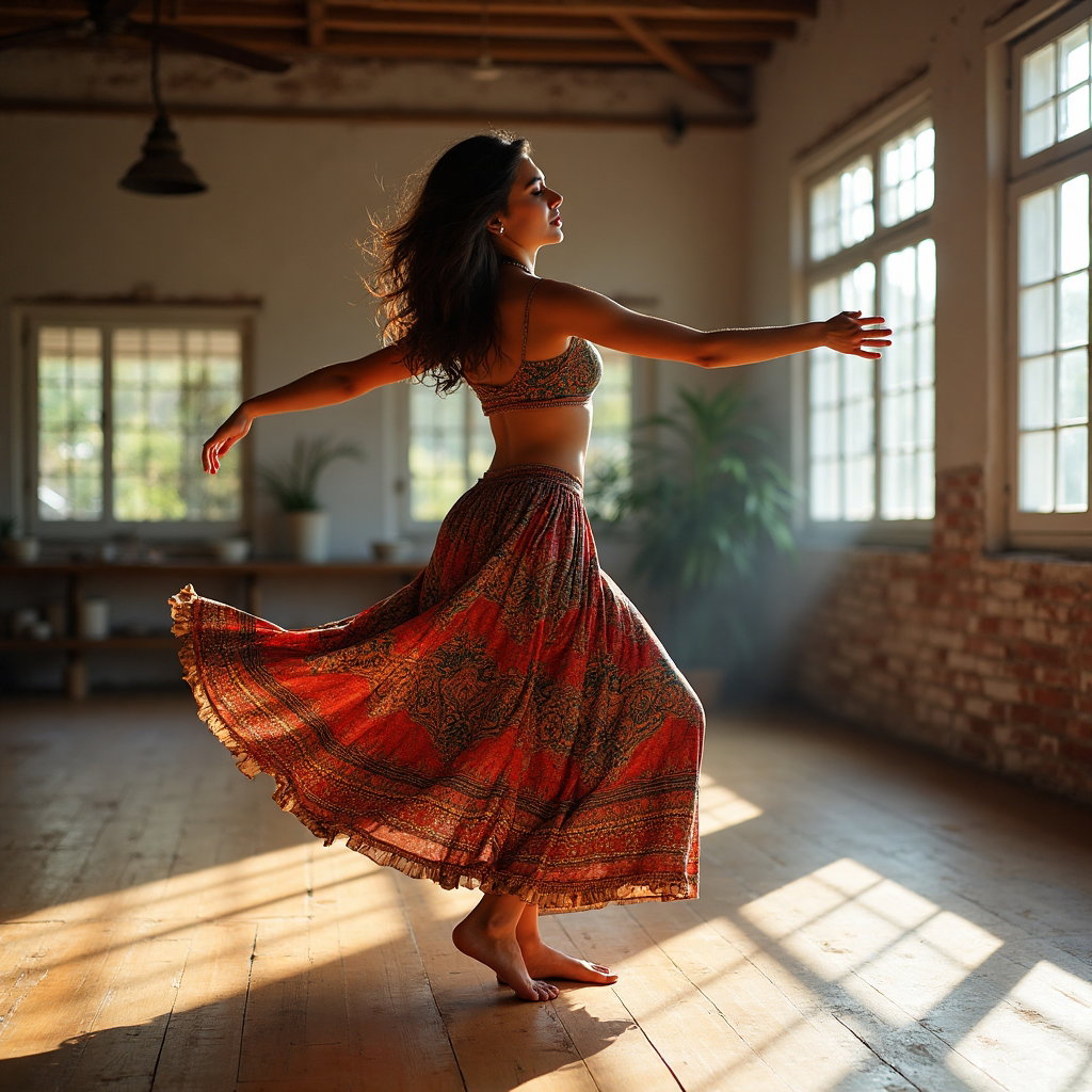 AI-generated photo: Lifestyle photo depicting a woman delightfully engaged in a spirited dance practice in an open, sunl...