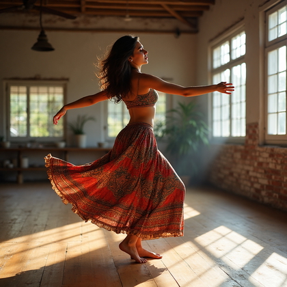 AI-generated photo: Lifestyle photo depicting a woman delightfully engaged in a spirited dance practice in an open, sunl...