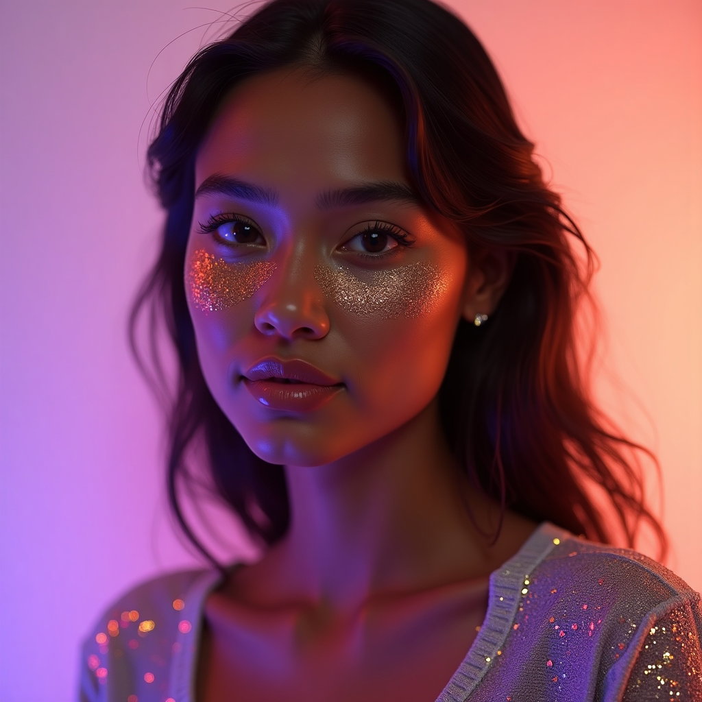 Glitter-and-Gems Beauty Close-Up example: Photorealistic profile avatar portrait, a clean square-crop composition focused on the face with crisp glitter detail, t