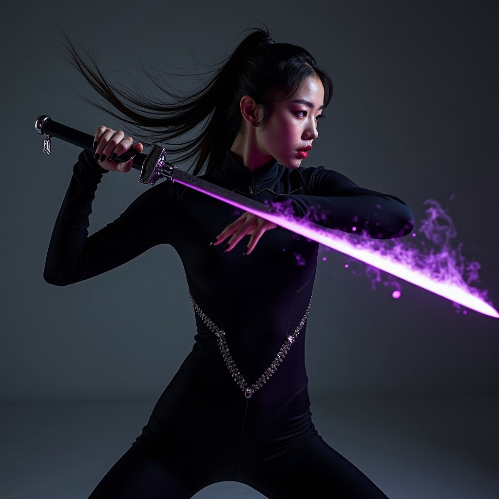 Dark Studio Silhouette Hunter Portrait example: Photorealistic dark fantasy portrait photography. Motion/action studio portrait capturing a sharp K-pop choreography-ins