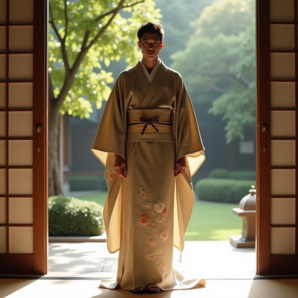 AI-generated photo: Fashion portrait photography, a traditional kimono portrait staged in a refined ryokan interior that...