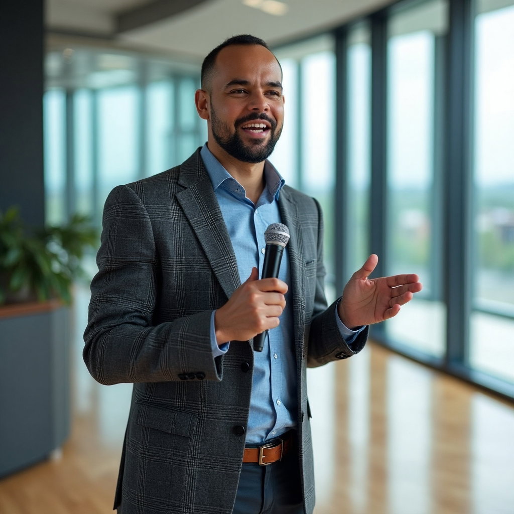 AI-generated photo: LinkedIn photo of a charismatic male presenter delivering an impactful speech at a tech seminar. He ...