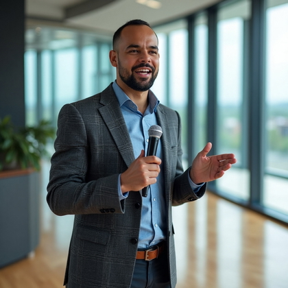 AI-generated photo: LinkedIn photo of a charismatic male presenter delivering an impactful speech at a tech seminar. He ...