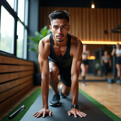 AI-generated photo: Photorealistic fitness photography in a boutique-style gym with warm wood slat walls and black steel...