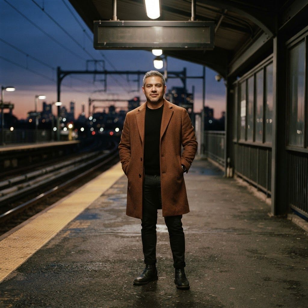 Longline Coat at a Train Platform: Moody full-length editorial portrait on an empty city train platform at dusk, framed beneath a simple departure sign with no readable text.