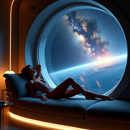 AI-generated photo: Photorealistic portrait photography. In a luxurious, dimly lit space lounge that feels part high-end...