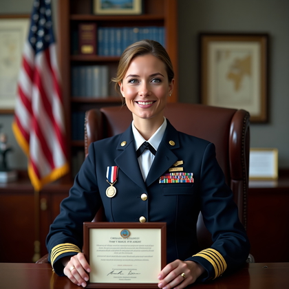 AI-generated photo: Photorealistic posed award portrait photography in a decorated command office setting. The subject i...