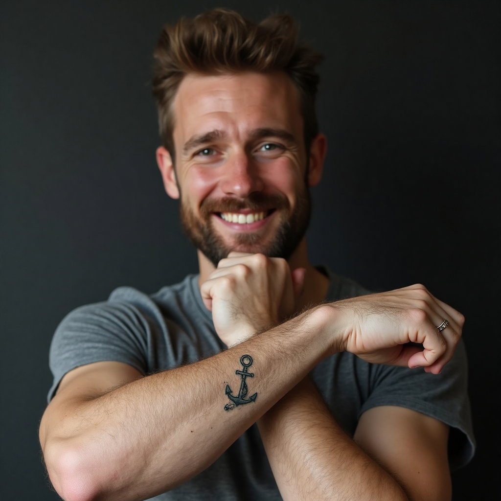 AI-generated photo: Photorealistic photography showcasing an understated minimalist tattoo on a 36-year-old man with a s...