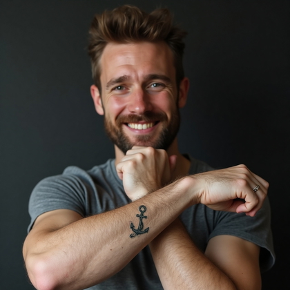 AI-generated photo: Photorealistic photography showcasing an understated minimalist tattoo on a 36-year-old man with a s...