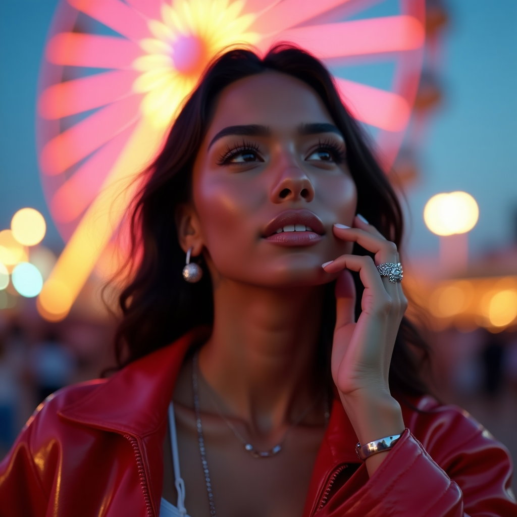 Ferris Wheel Daydream Portrait example: Photorealistic festival portrait photography. Close-up daydream portrait with the Ferris wheel lights forming a soft hal