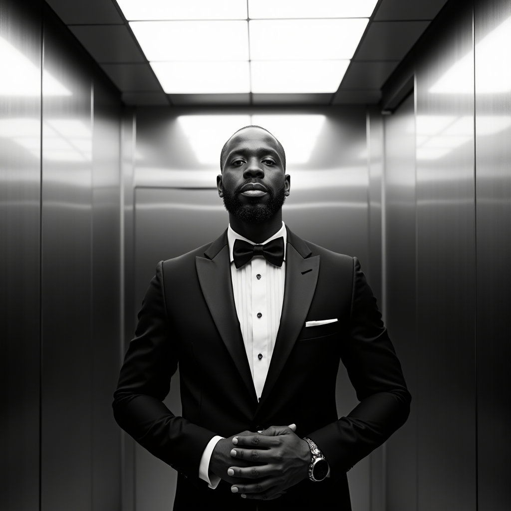 AI-generated photo: Photorealistic black-and-white wedding portrait photograph — inside a mirrored elevator lined with b...