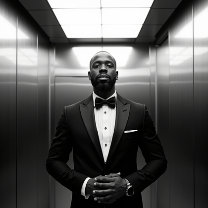 AI-generated photo: Photorealistic black-and-white wedding portrait photograph — inside a mirrored elevator lined with b...