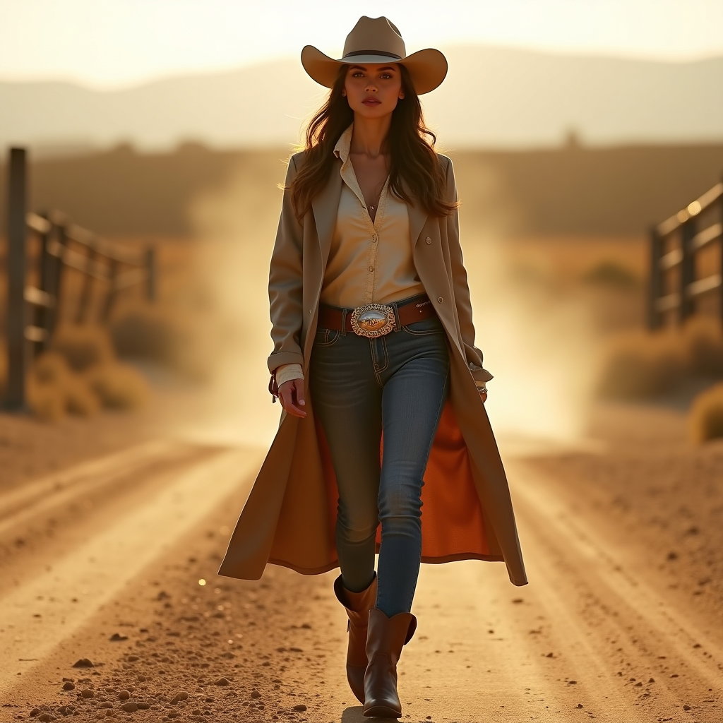 AI-generated photo: Photorealistic fashion photography. A stylish cowboy-inspired subject walks directly toward the came...