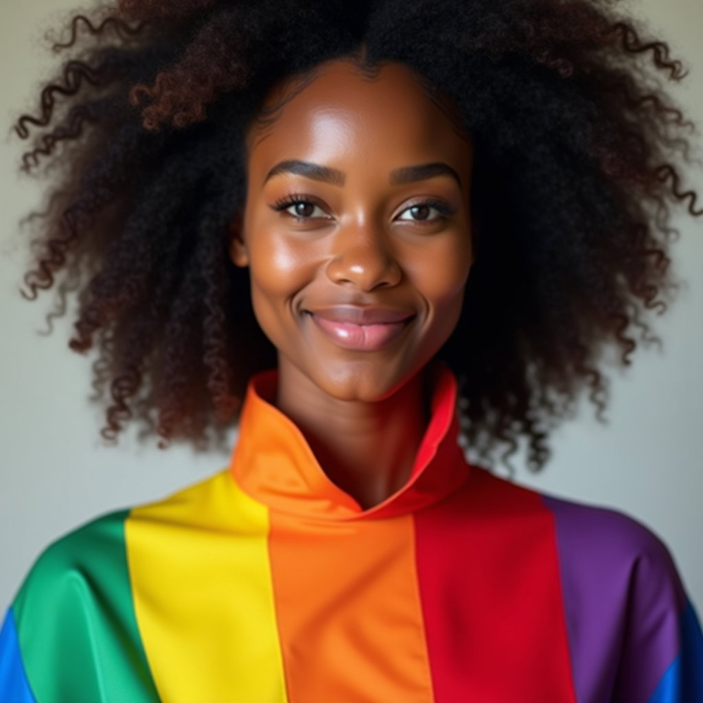 Rainbow Flag Cape Hero Portraits example: Photorealistic portrait photography. Close-up portrait with the rainbow flag cape wrapped around the shoulders like a vi