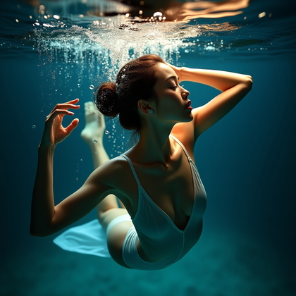 AI-generated photo: Photorealistic underwater character portrait photograph of an elegant underwater dancer in a sleek, ...