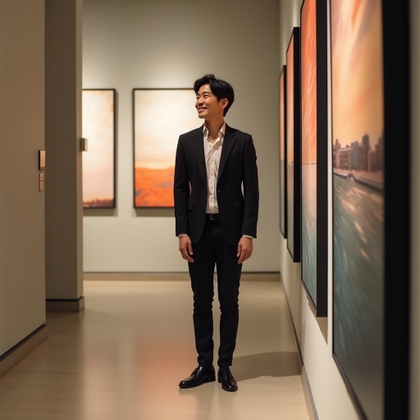 Dating profile photo, a full-body editorial portrait in a quiet contemporary art gallery, with the subject standing beside a large abstract artwork in a relaxed contrapposto pose and a composed, intriguing smile. Style with a fashionable tailored outfit, clean architectural lines, soft museum lighting, muted neutral tones with one bold color accent, and a refined composition that signals taste and confidence.
