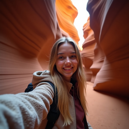 Photorealistic smartphone selfie photo inside a narrow sandstone slot canyon where warm reflected light bounces off sinuous rock walls and wraps the face with soft, even glow; arm’s-length chest-up framing with the canyon’s curving striations sweeping diagonally behind, confident half-turn toward the lens with a subtle, inviting smile, relaxed shoulders, and a travel-ready outfit with textured layers that harmonize with the mineral hues.