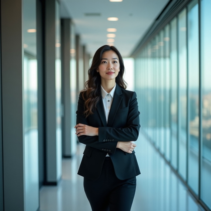 Professional business photography. Dynamic corridor portrait in a sleek glass office hallway, with the subject walking through a doorway while smoothing a sleeve, face clear and steady as the background suggests subtle motion. Use polished business attire, reflective glass panels, clean overhead corporate lighting balanced with daylight, a focused expression, and cinematic vertical framing.