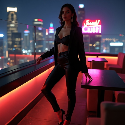 AI-generated photo: Photorealistic nightlife fashion photograph on a rooftop lounge with city skyline bokeh, full-body, ...