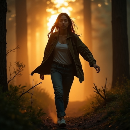 Sunrise Aftermath Final Girl Portrait example: Cinematic horror portrait photo, motion-action portrait of the subject emerging from a dark tree line into the first lig