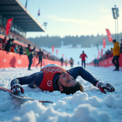 AI-generated photo: Photorealistic sports photography, intimate horizontal close-up on the finish corral of an Olympic c...