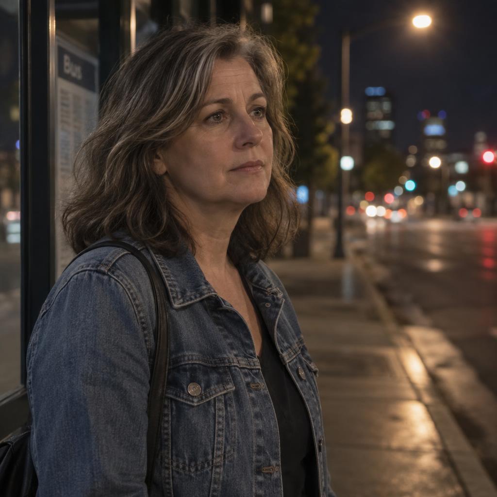 Gritty Crime-Drama Profile: Natural acting headshot at an empty bus stop at night, framed from the upper chest up.