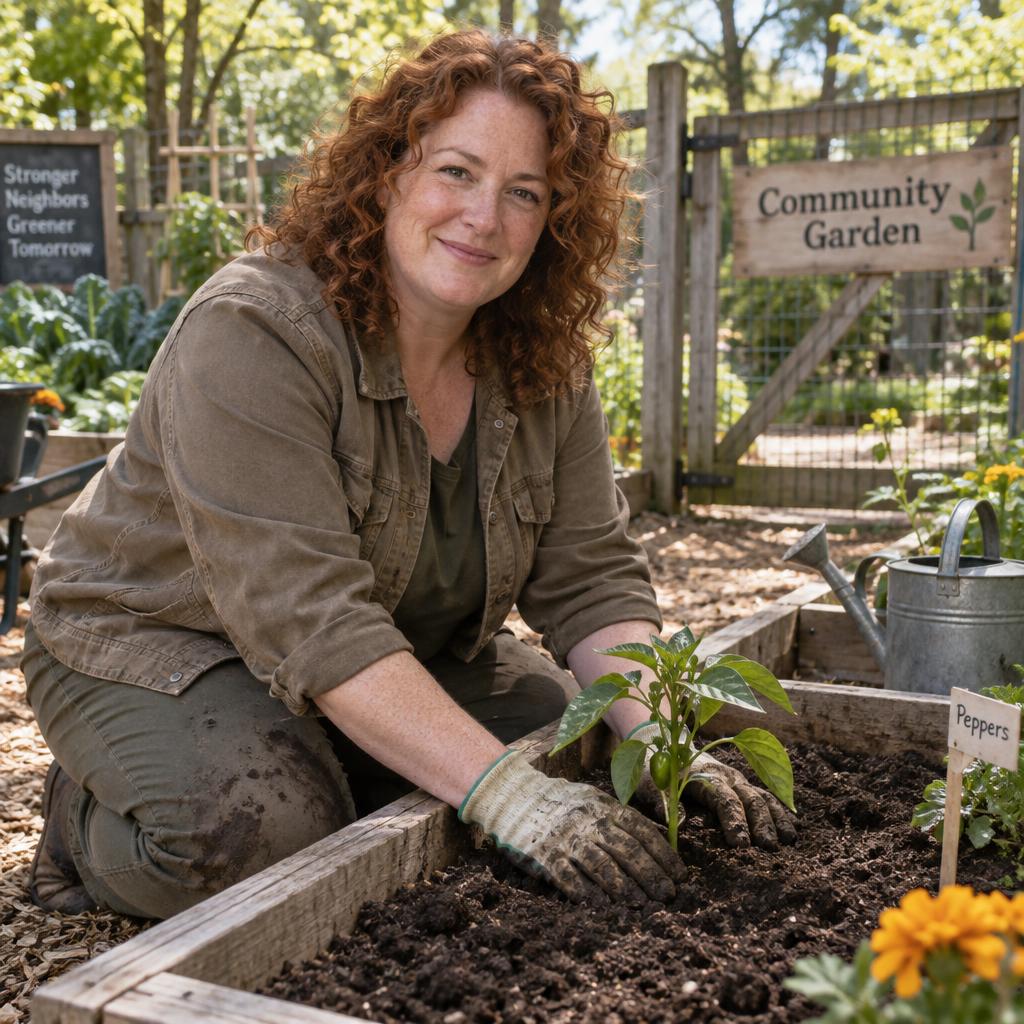 Community Garden Volunteering: Three-quarter portrait of her kneeling at the corner of a shared raised bed, smiling slightly while firming soil around a pepper seedling…