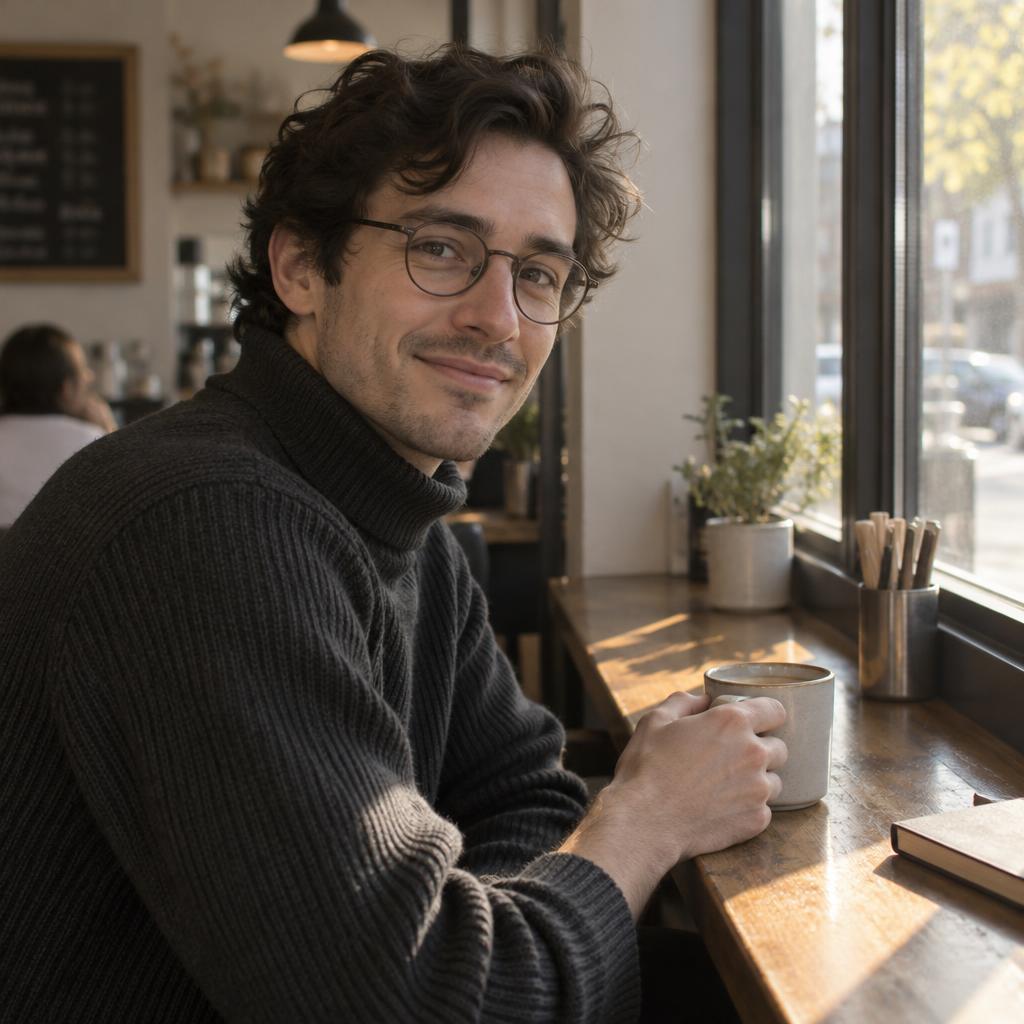Coffee-Shop Film-Grain Portrait: Waist-up café portrait of one person seated sideways at a narrow window counter, wearing round glasses and a charcoal ribbed turtleneck.