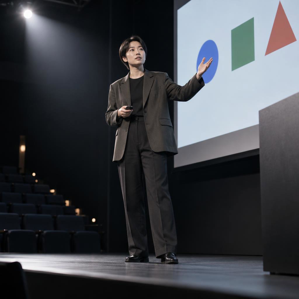 Career Breakthrough Onstage: Photorealistic full-length view from the front row, looking slightly upward at a speaker under a bright stage spotlight.