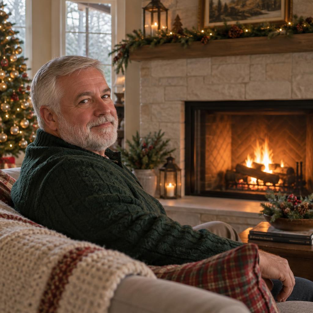 Fireside Seated Portrait: Photorealistic waist-up holiday portrait of one person seated at the end of a sofa beside a limestone fireplace.