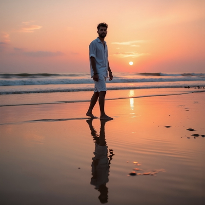 Golden Hour Beach Walk Photo example: Dating profile photo. Unexpected creative variation using a reflective tide pool at golden hour, with the subject walkin