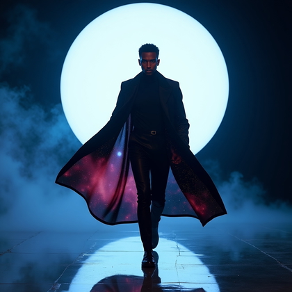 AI-generated photo: Photorealistic portrait photography. A dynamic astro fashion portrait of a person walking toward the...