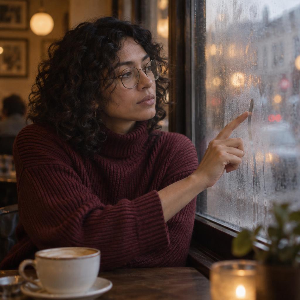 Coffee-Shop Film-Grain Portrait: Candid waist-up café portrait of one person seated close to a fogged window, wearing round glasses and a burgundy ribbed turtleneck.