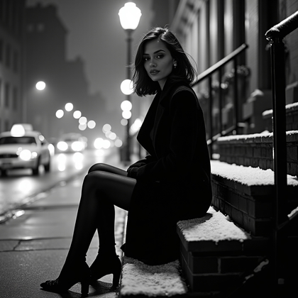 AI-generated photo: Photorealistic black-and-white night street portrait photography. Seated on a brownstone stoop under...