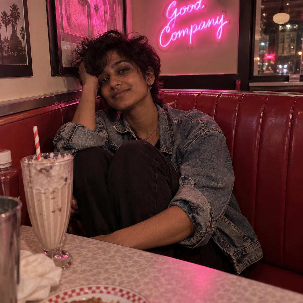Diner Booth Afterparty: Close, slightly elevated snapshot of one person curled into the corner of a red-vinyl diner booth, knees drawn up and a loose denim jacket…