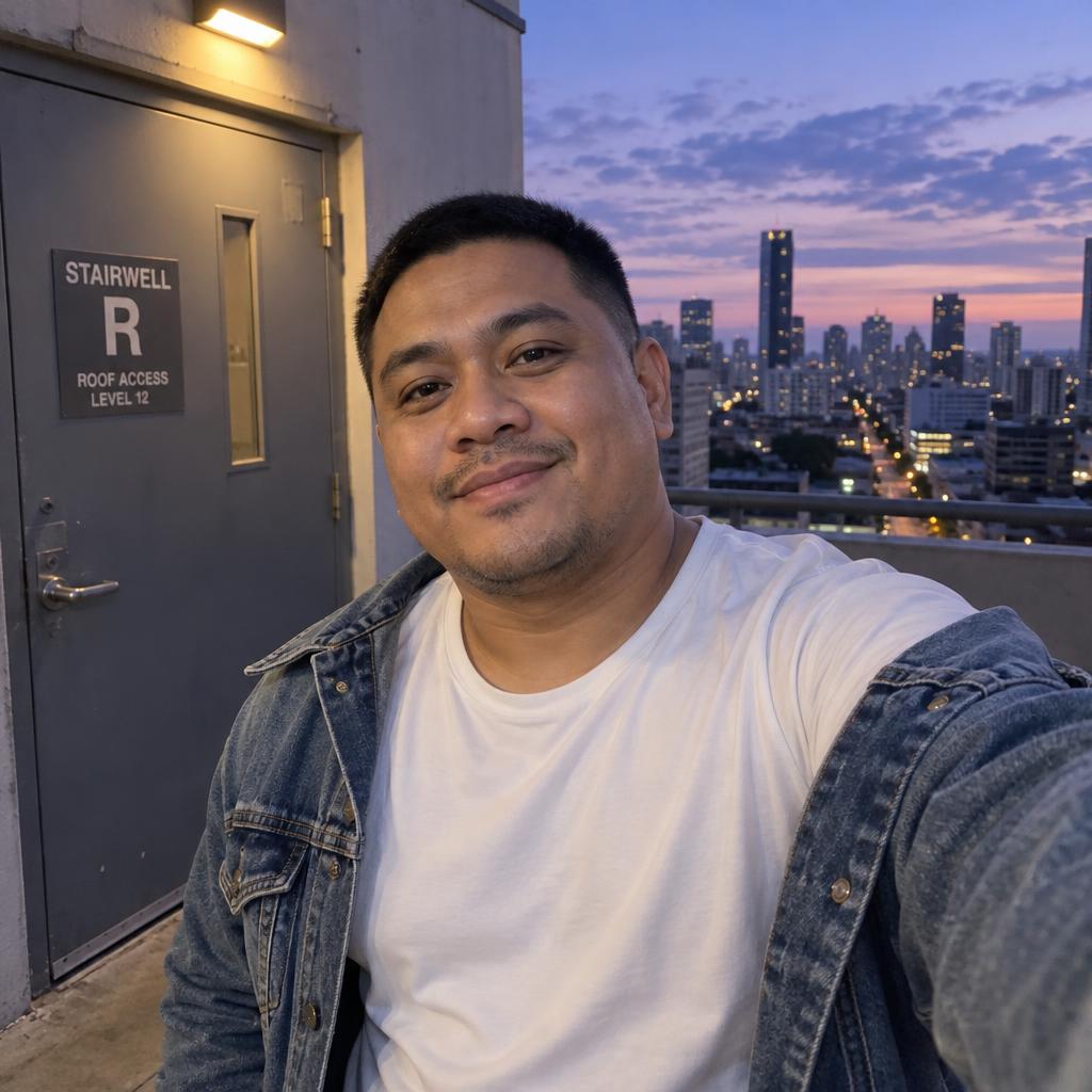 Rooftop Blue-Hour Selfie: Arm’s-length upper-body selfie beside a rooftop stairwell door, with the purple-blue skyline visible over his shoulder.