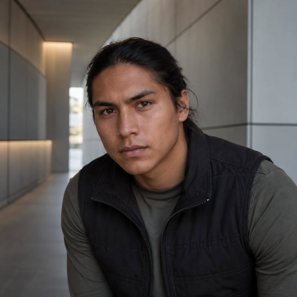 Speculative-Fiction Character: Photorealistic acting headshot from mid-chest up, positioned at the bend of a quiet corridor lined with large geometric panels.
