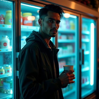 AI-generated photo: Cinematic photorealistic portrait photo set in a late-night convenience store aisle where an open co...